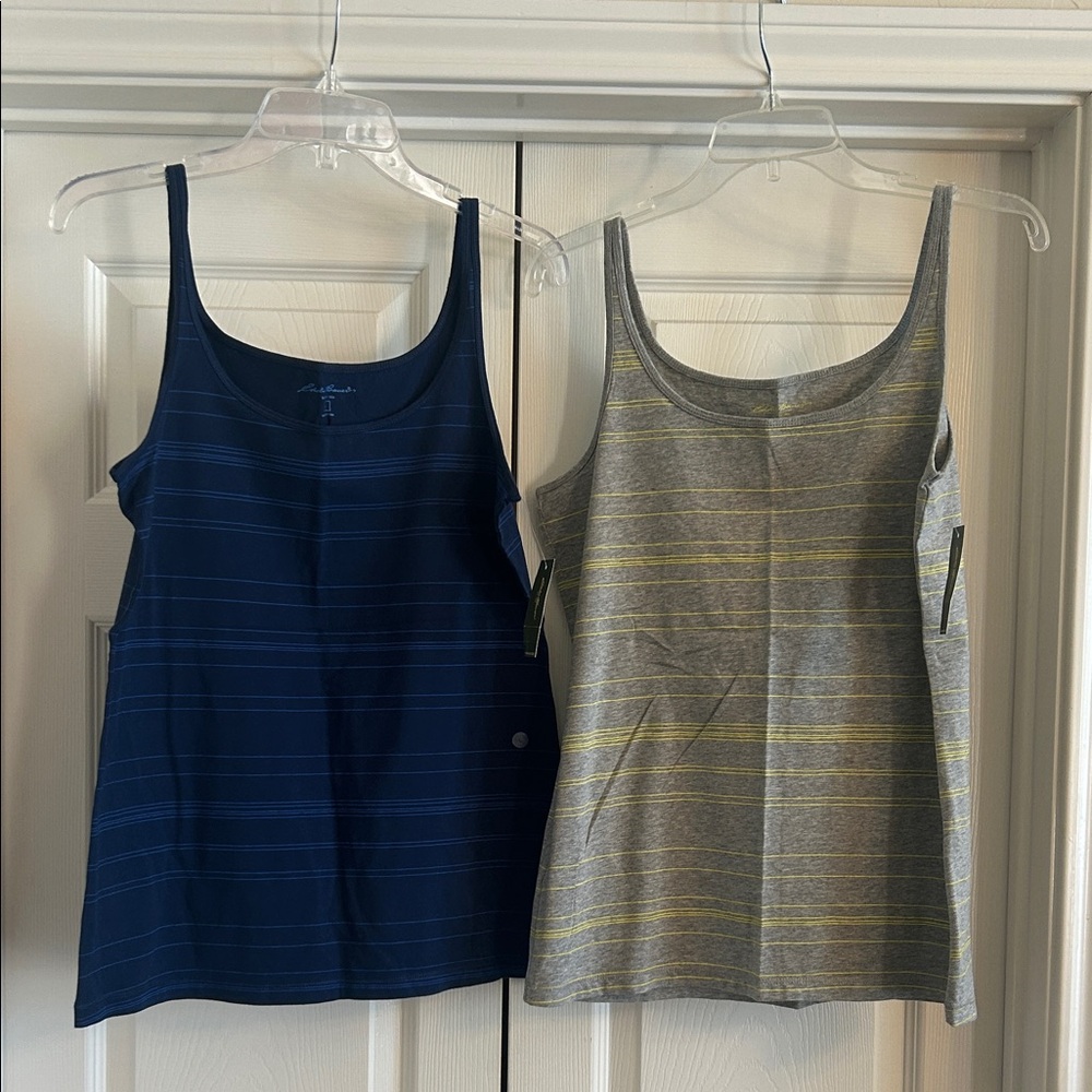 NWT: Eddie Bauer: Navy/Blue & Grey/Yellow Striped Cami’s Bundle